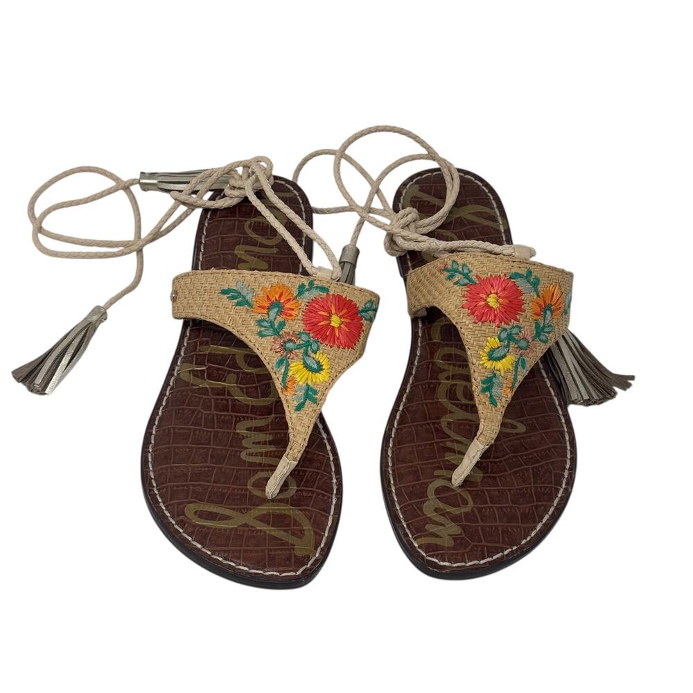 Sam Edelman Geri 3 Floral Embroidered Braided Tie Up Thong Sandal Size 9